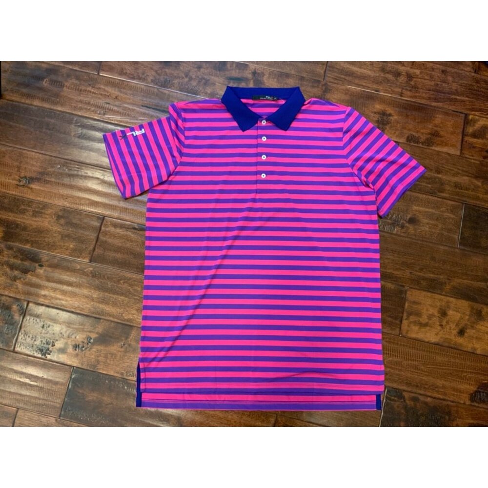 RLX Ralph Lauren Blue Pink Striped Short Sleeve Polo Shirt, Size L